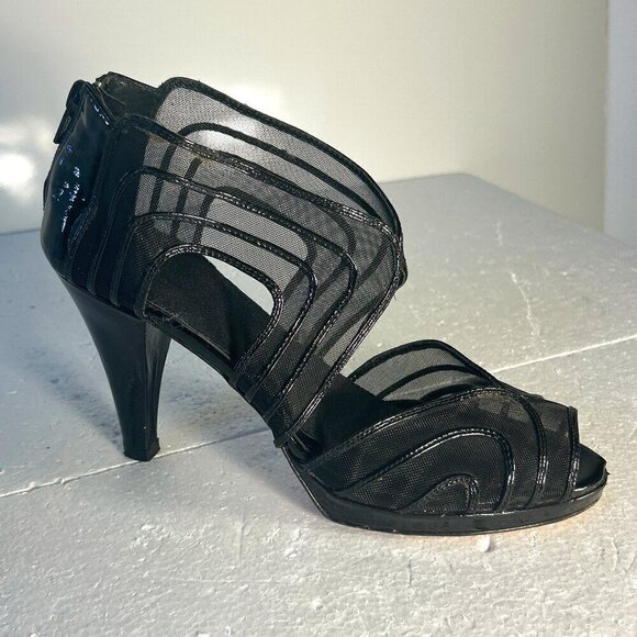Italian leather black mesh open toe stiletto SZ 8 edgy party retro dressy unique - Picture 1 of 8